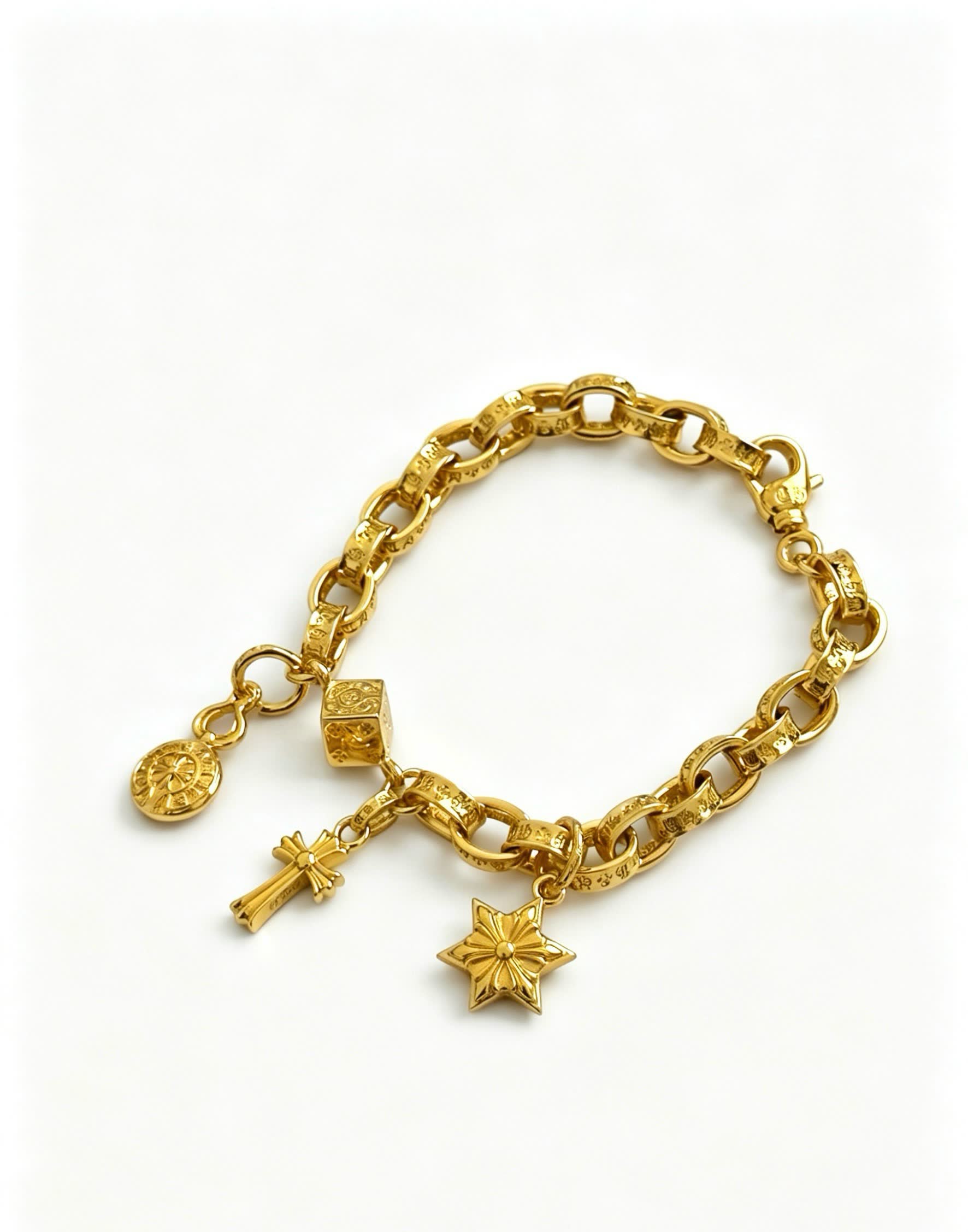 Chrome Hearts Gold Tone Charm Bracelet with Cross, Star, and Coin Charms